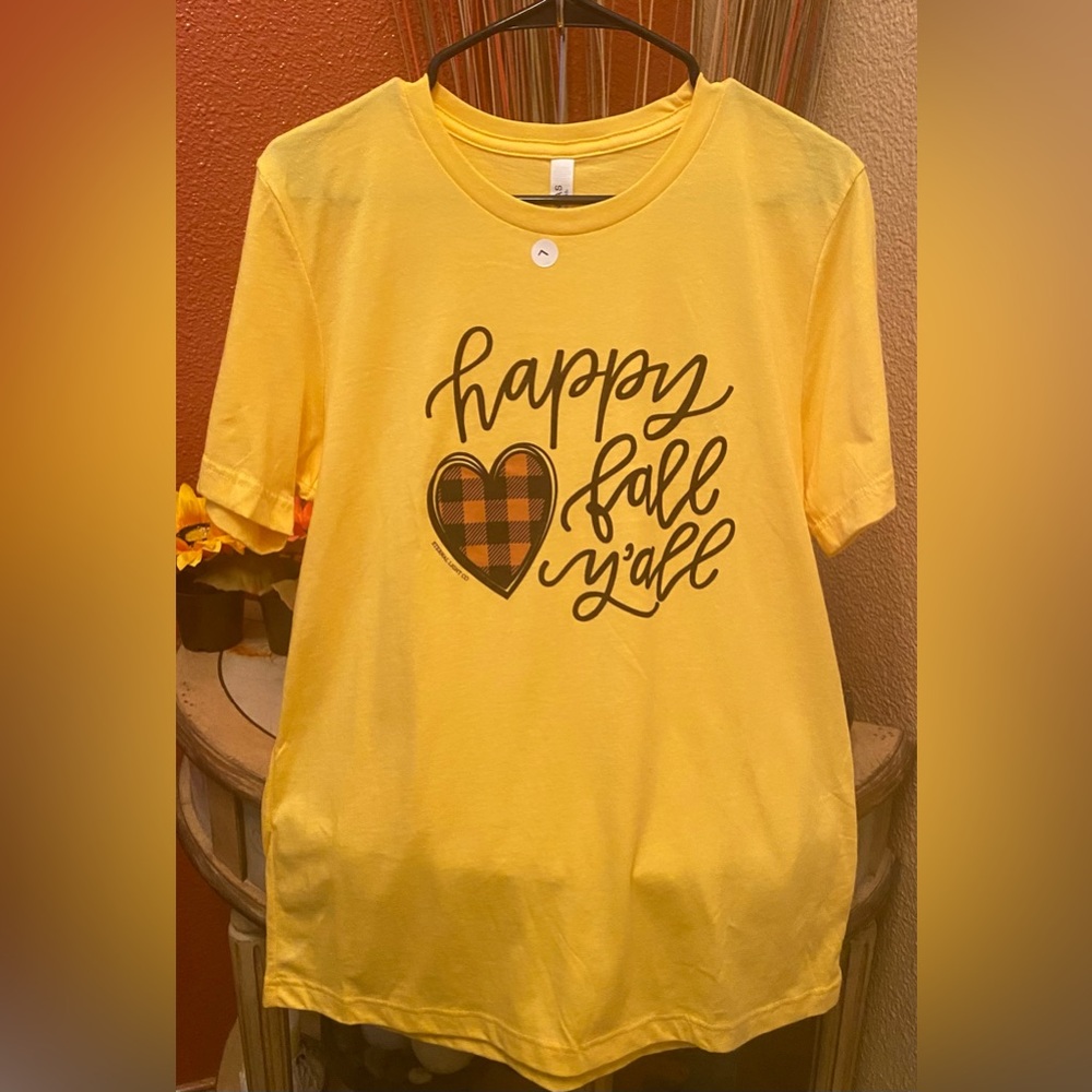 NEW- Bella Canvas Yellow Tee with Fall Heart Design - NWOT